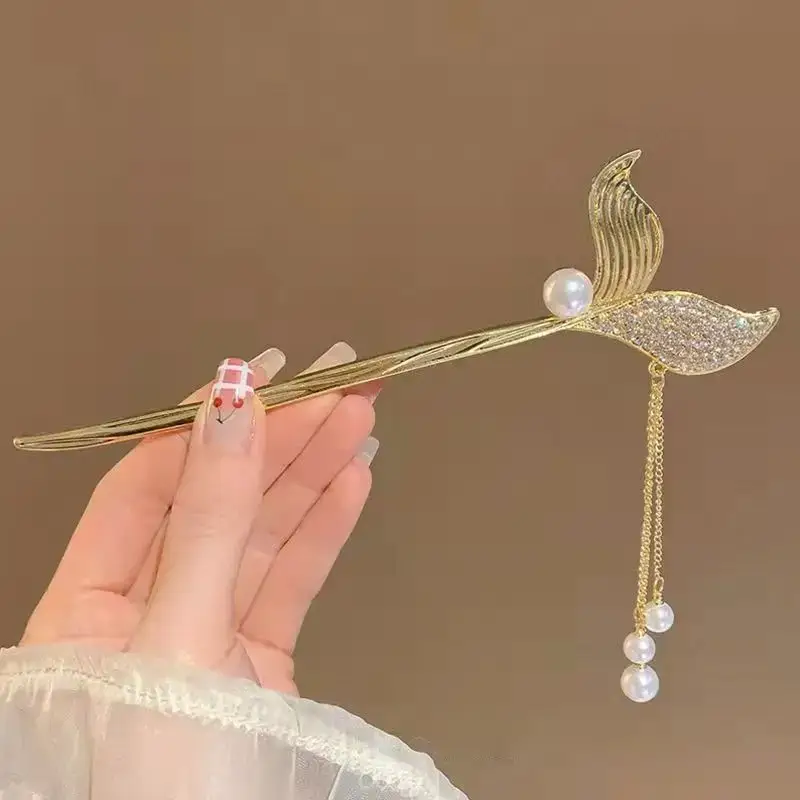 Large Silver Hairpin with Pearl Grip and Rhinestone Back