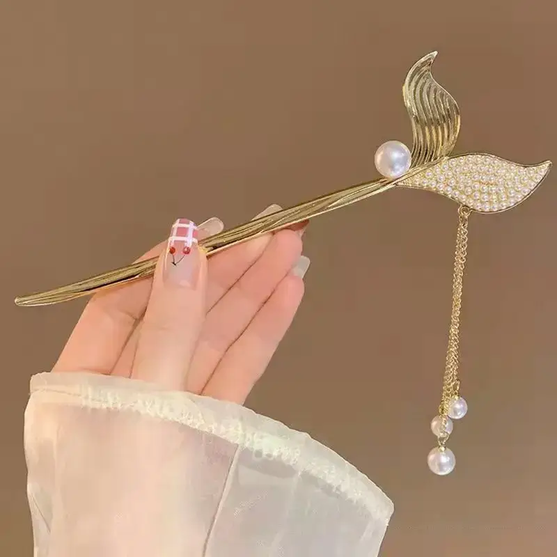 Large Silver Hairpin with Pearl Grip and Rhinestone Back