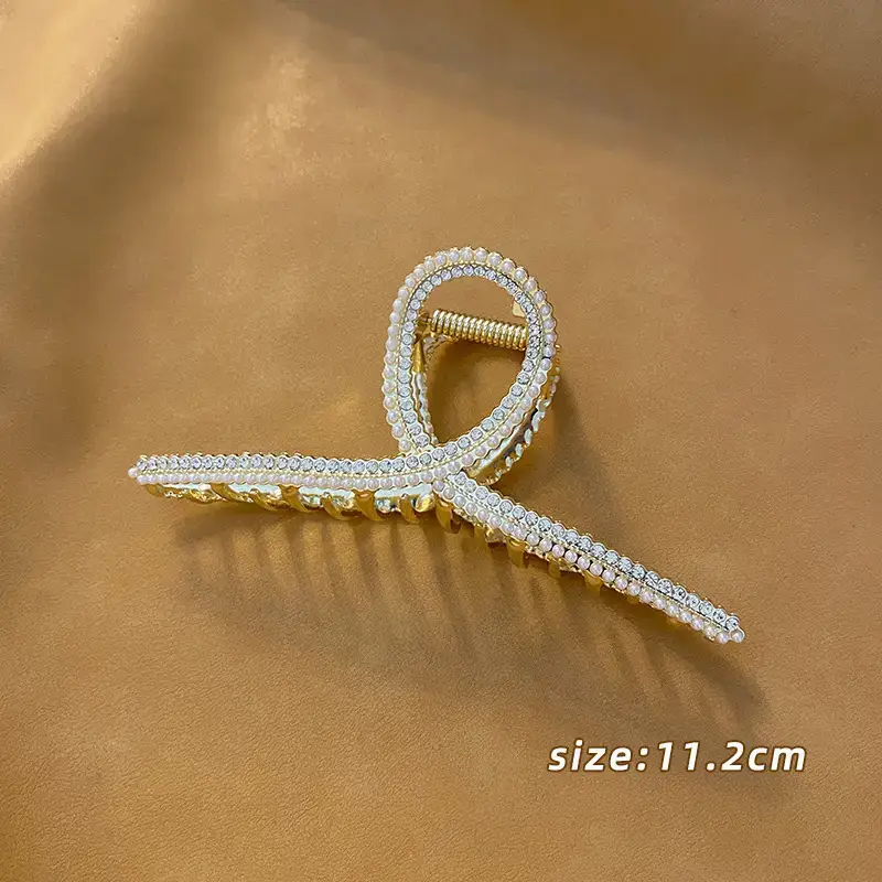 Large Silver Hairpin with Pearl Grip and Rhinestone Back