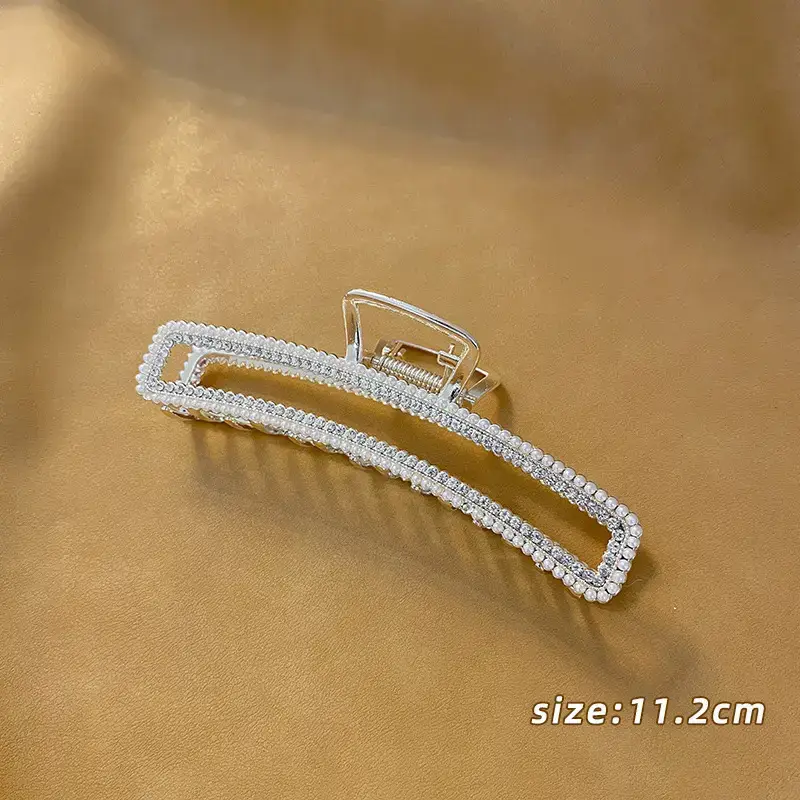 Large Silver Hairpin with Pearl Grip and Rhinestone Back