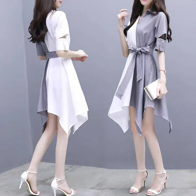 Women Grey Slimming Mid-Length Dress with Irregular Patchwork - Image 3