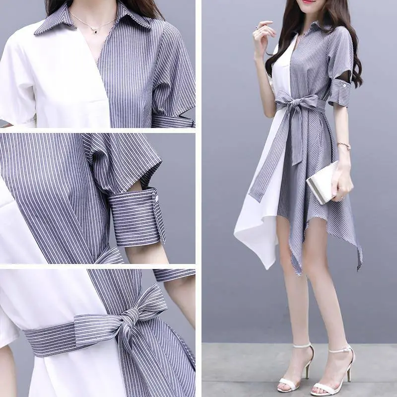 Women Grey Slimming Mid-Length Dress with Irregular Patchwork - Image 4