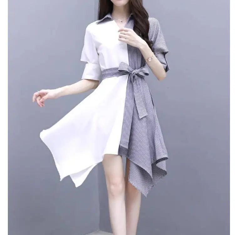 Women Grey Slimming Mid-Length Dress with Irregular Patchwork - Image 5