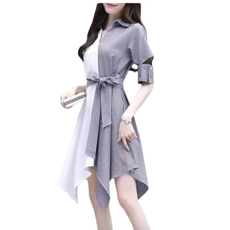 Women Grey Slimming Mid-Length Dress with Irregular Patchwork - Image 6