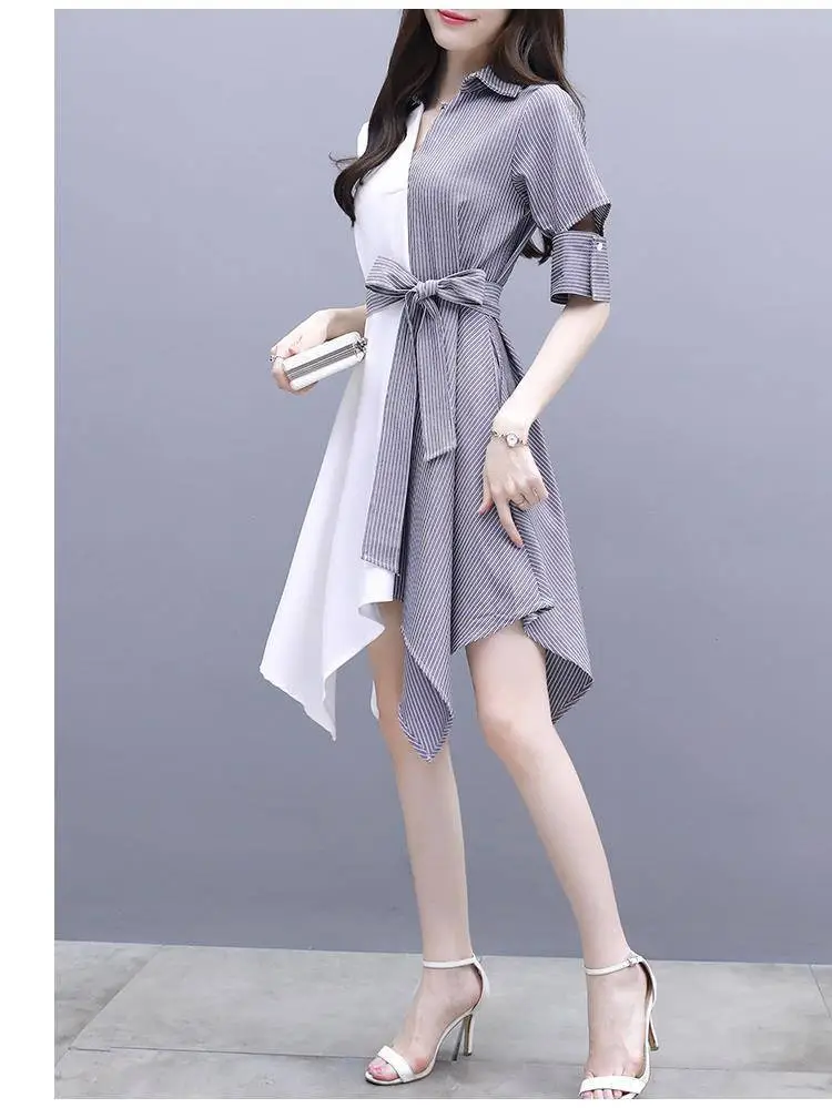Women Grey Slimming Mid-Length Dress with Irregular Patchwork — feature 11