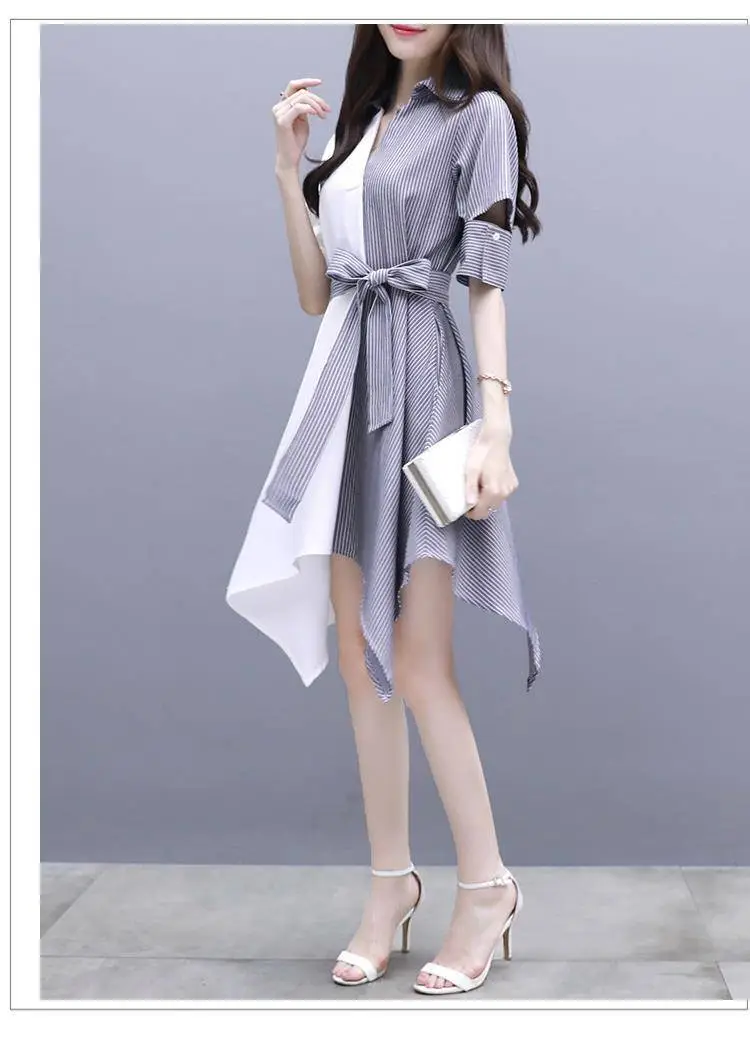 Women Grey Slimming Mid-Length Dress with Irregular Patchwork — feature 4