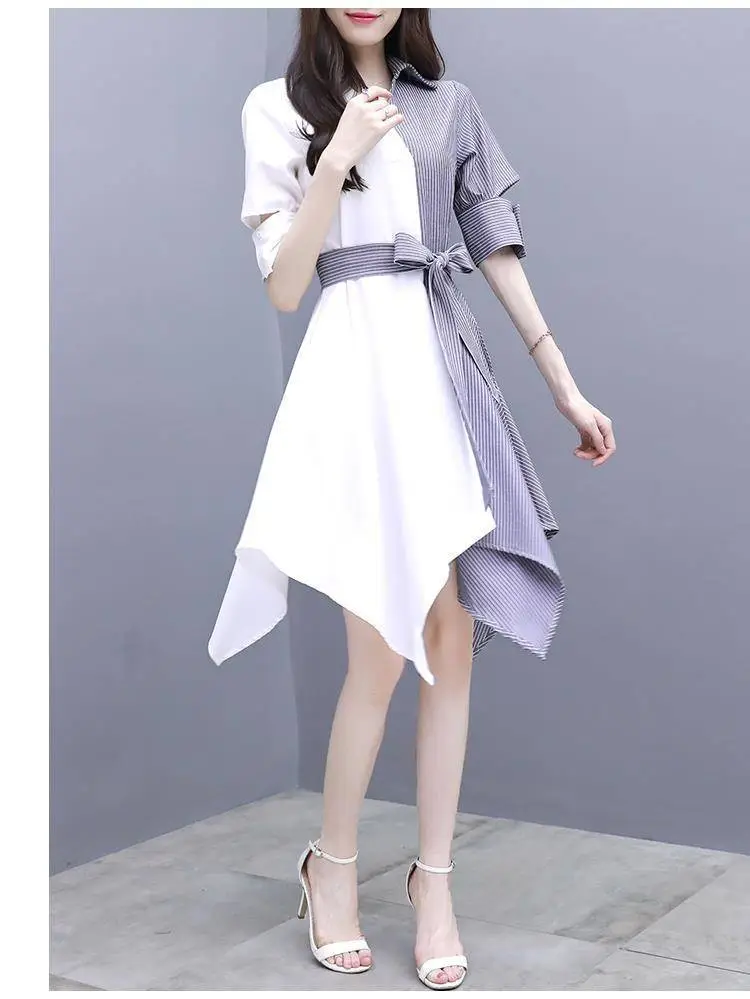 Women Grey Slimming Mid-Length Dress with Irregular Patchwork — feature 6