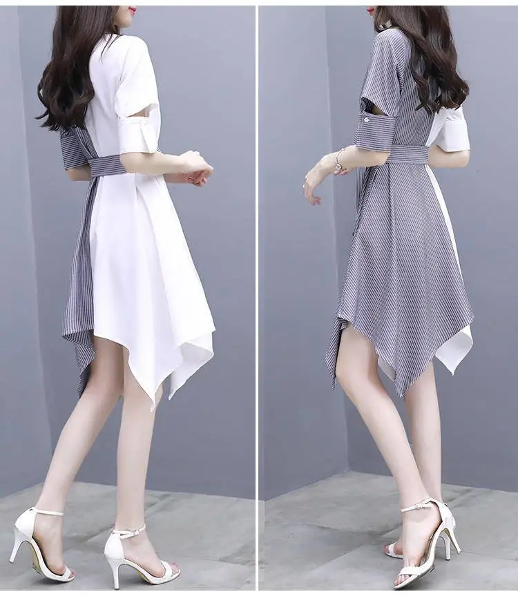 Women Grey Slimming Mid-Length Dress with Irregular Patchwork — feature 8