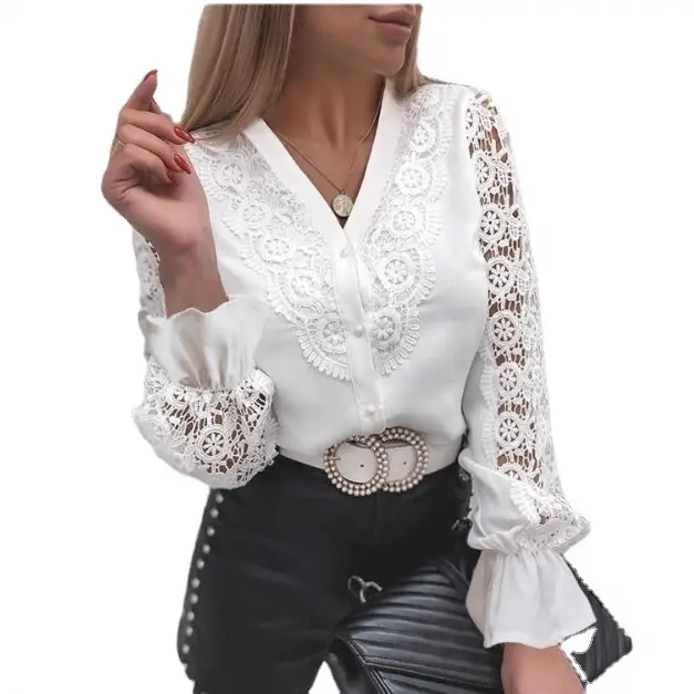 White Lace Long Sleeve V-Collar Button Shirt for Women