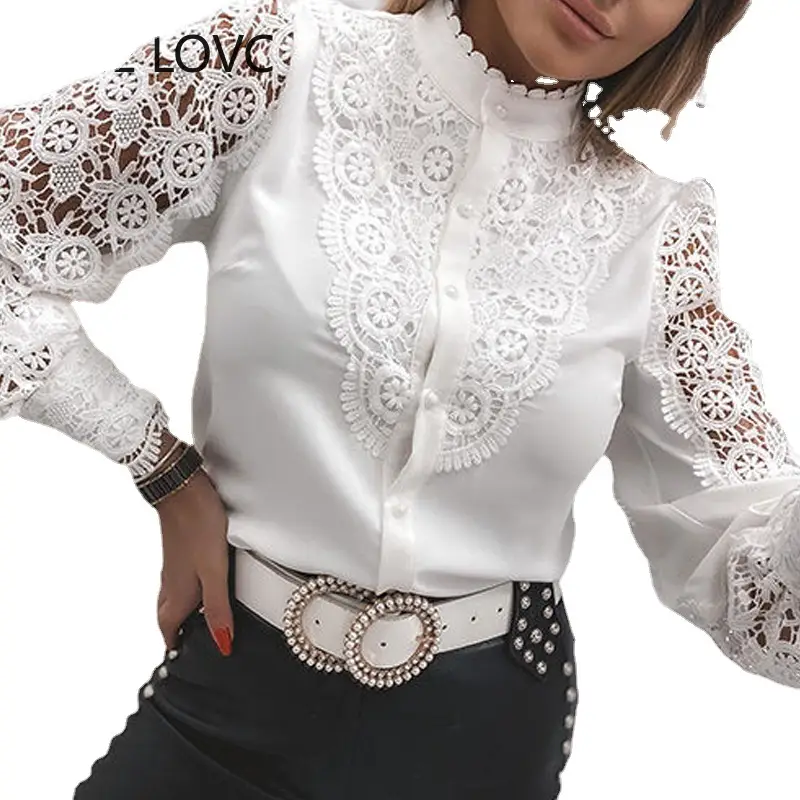 White Lace Long Sleeve V-Collar Button Shirt for Women