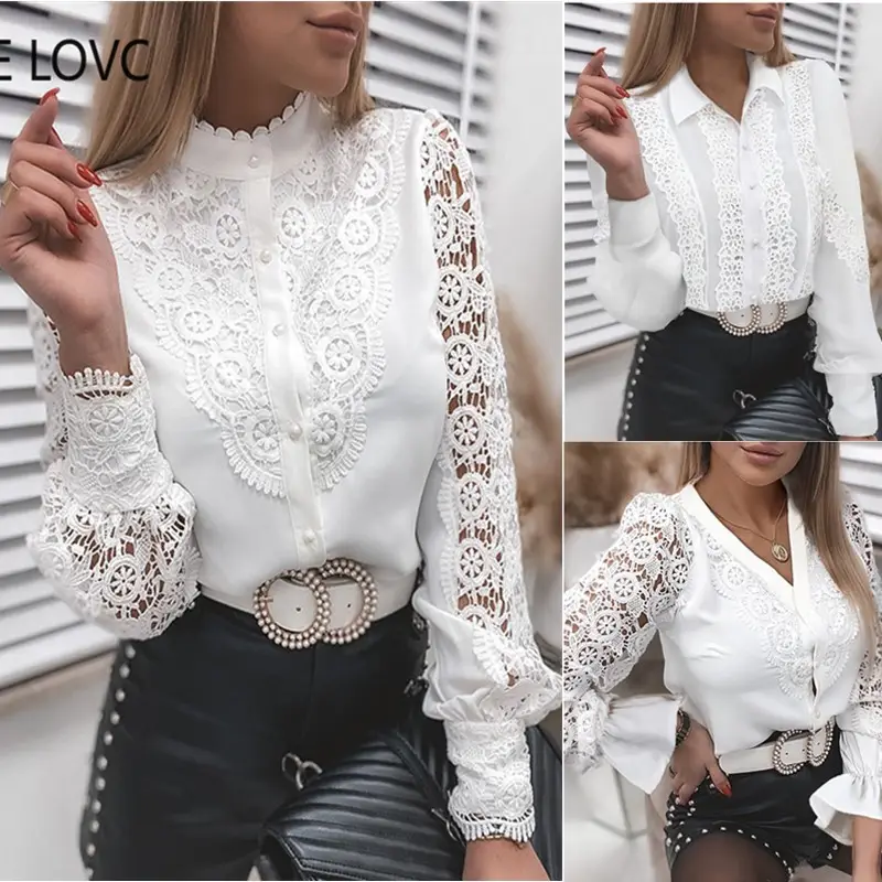 White Lace Long Sleeve V-Collar Button Shirt for Women — feature 2
