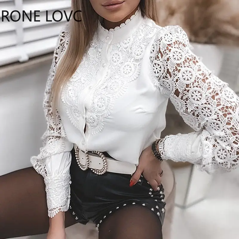 White Lace Long Sleeve V-Collar Button Shirt for Women — feature 4
