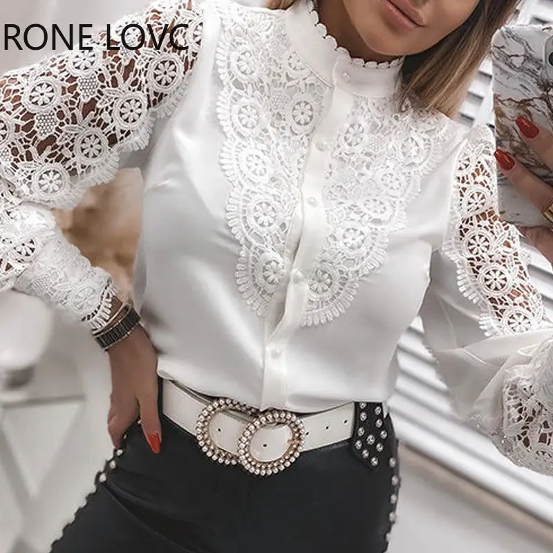 White Lace Long Sleeve V-Collar Button Shirt for Women — feature 5