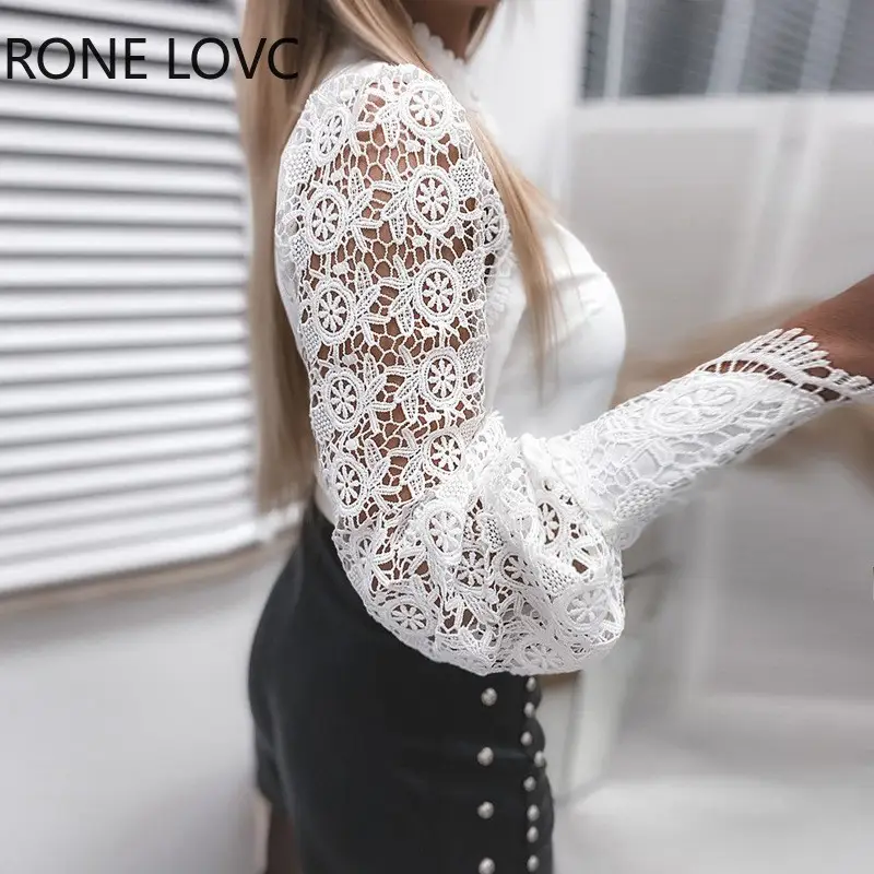 White Lace Long Sleeve V-Collar Button Shirt for Women — feature 6
