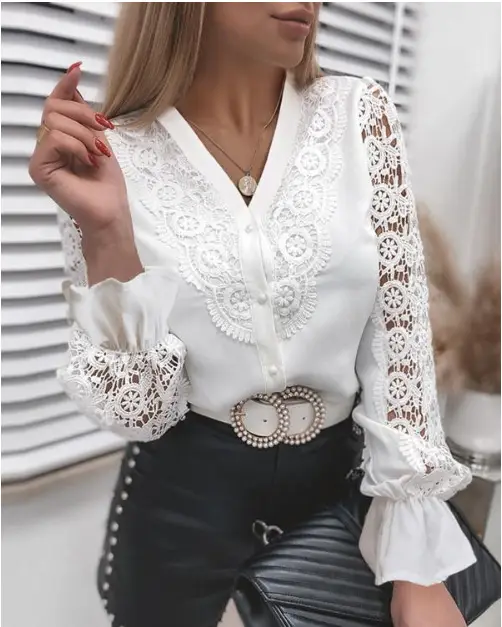 White Lace Long Sleeve V-Collar Button Shirt for Women