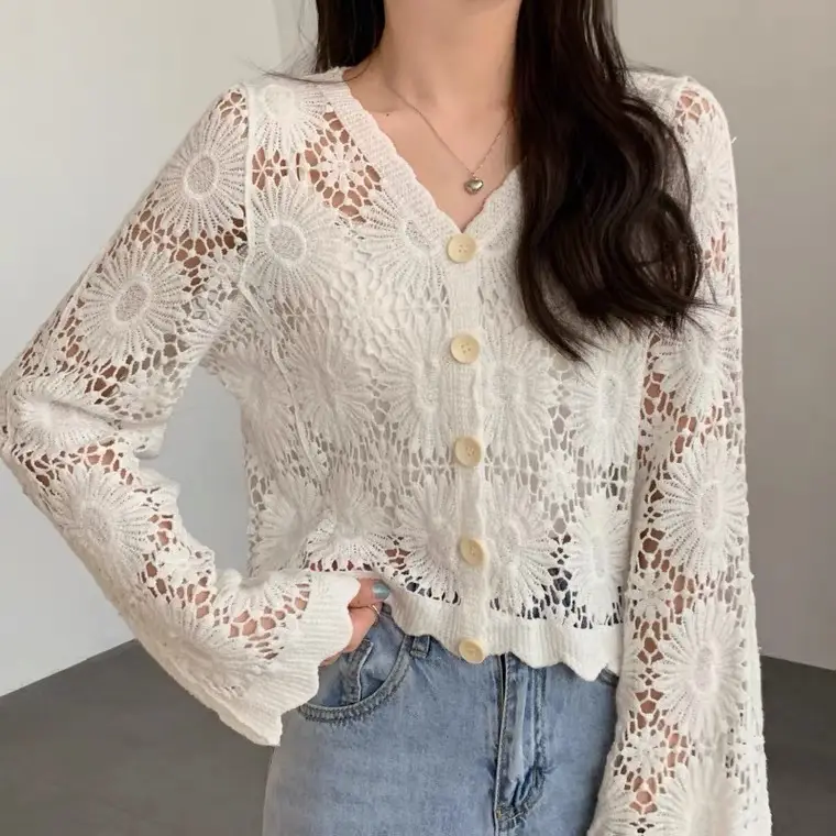 Women's White Lace Knitted V-Neck Long Sleeve Top - Image 55