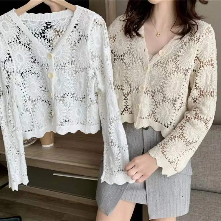 Women's White Lace Knitted V-Neck Long Sleeve Top - Image 56