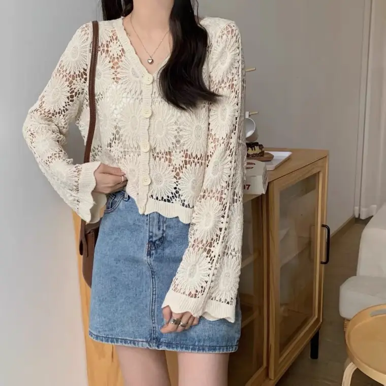 Women's White Lace Knitted V-Neck Long Sleeve Top - Image 57