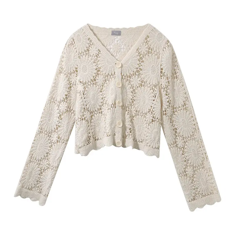 Women's White Lace Knitted V-Neck Long Sleeve Top - Image 58