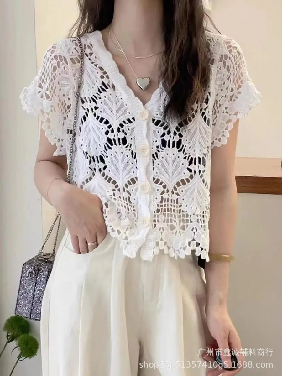 Women's White Lace Knitted V-Neck Long Sleeve Top - Image 13
