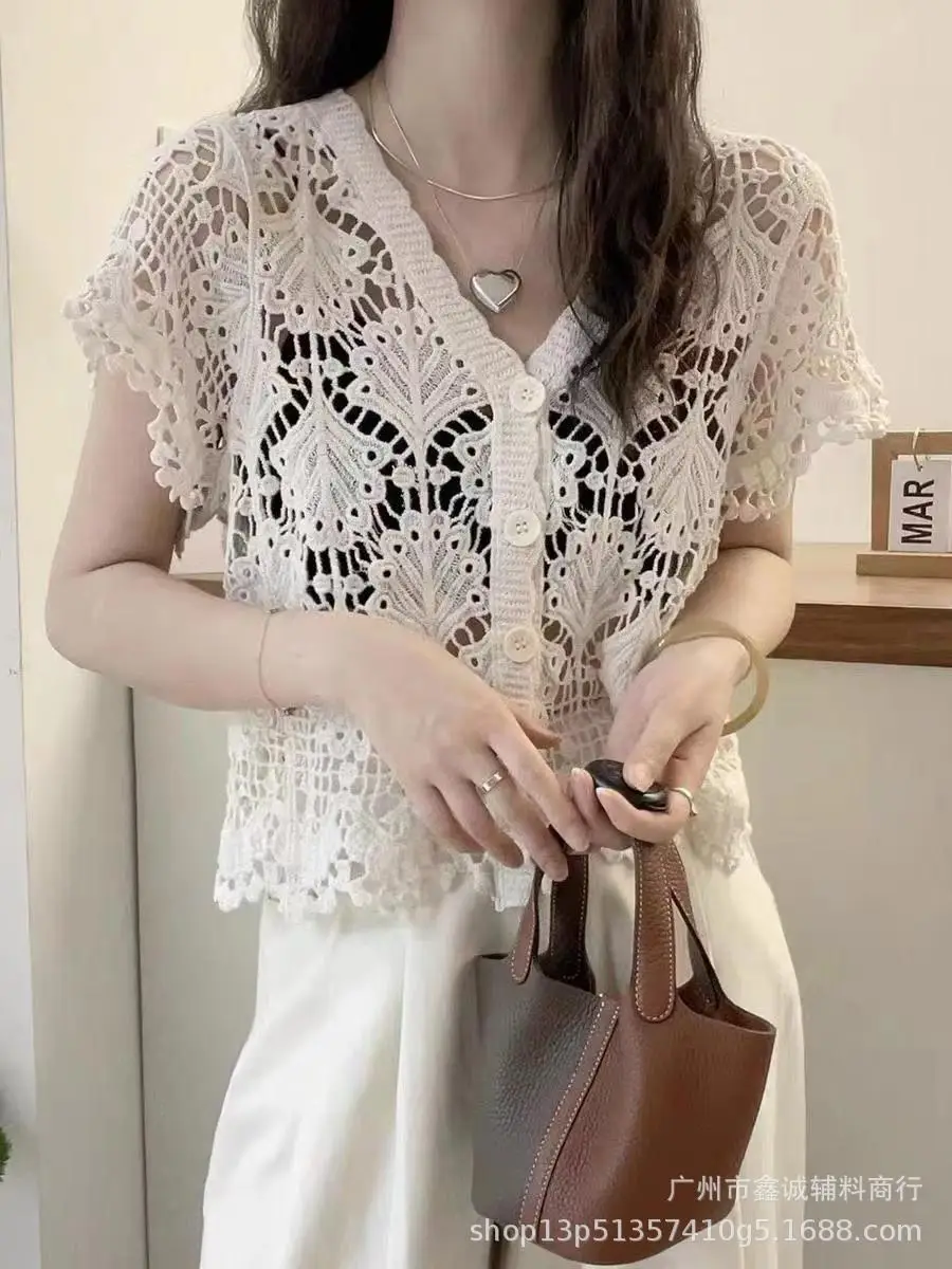 Women's White Lace Knitted V-Neck Long Sleeve Top - Image 14