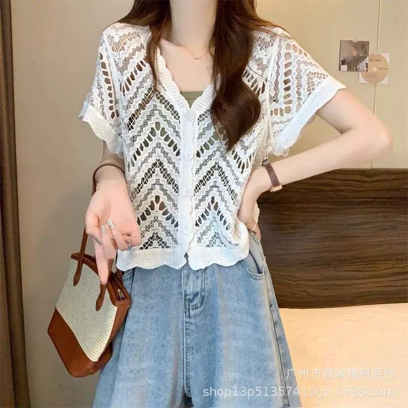 Women's White Lace Knitted V-Neck Long Sleeve Top - Image 15