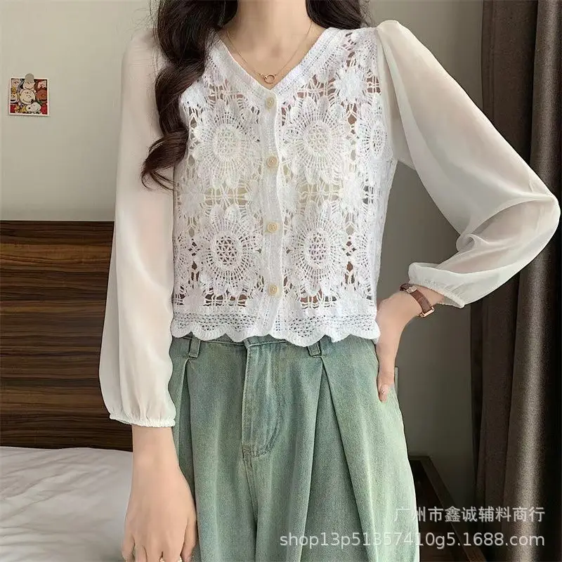 Women's White Lace Knitted V-Neck Long Sleeve Top - Image 21