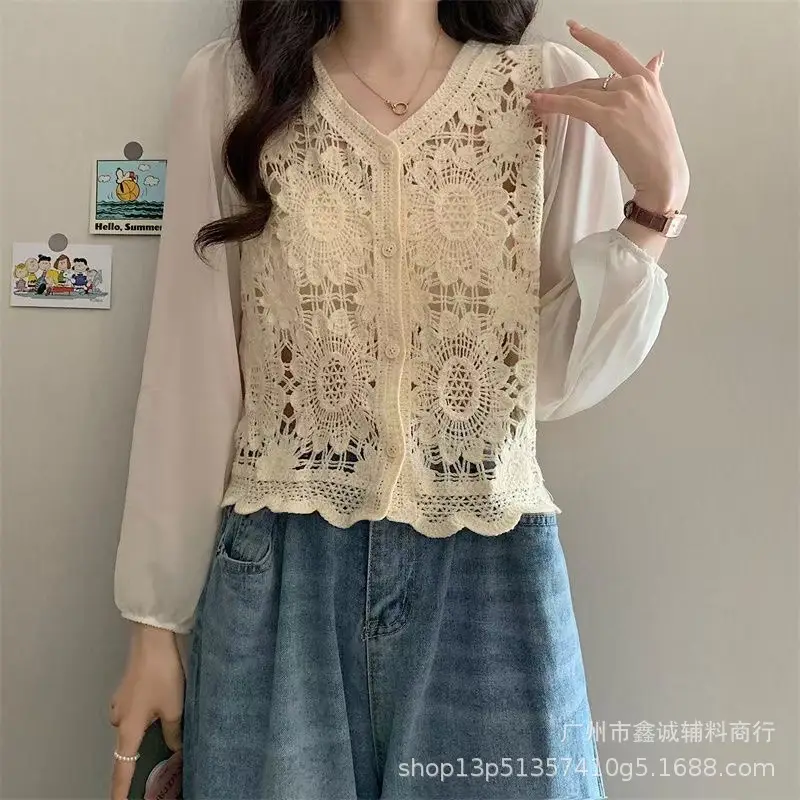 Women's White Lace Knitted V-Neck Long Sleeve Top - Image 22