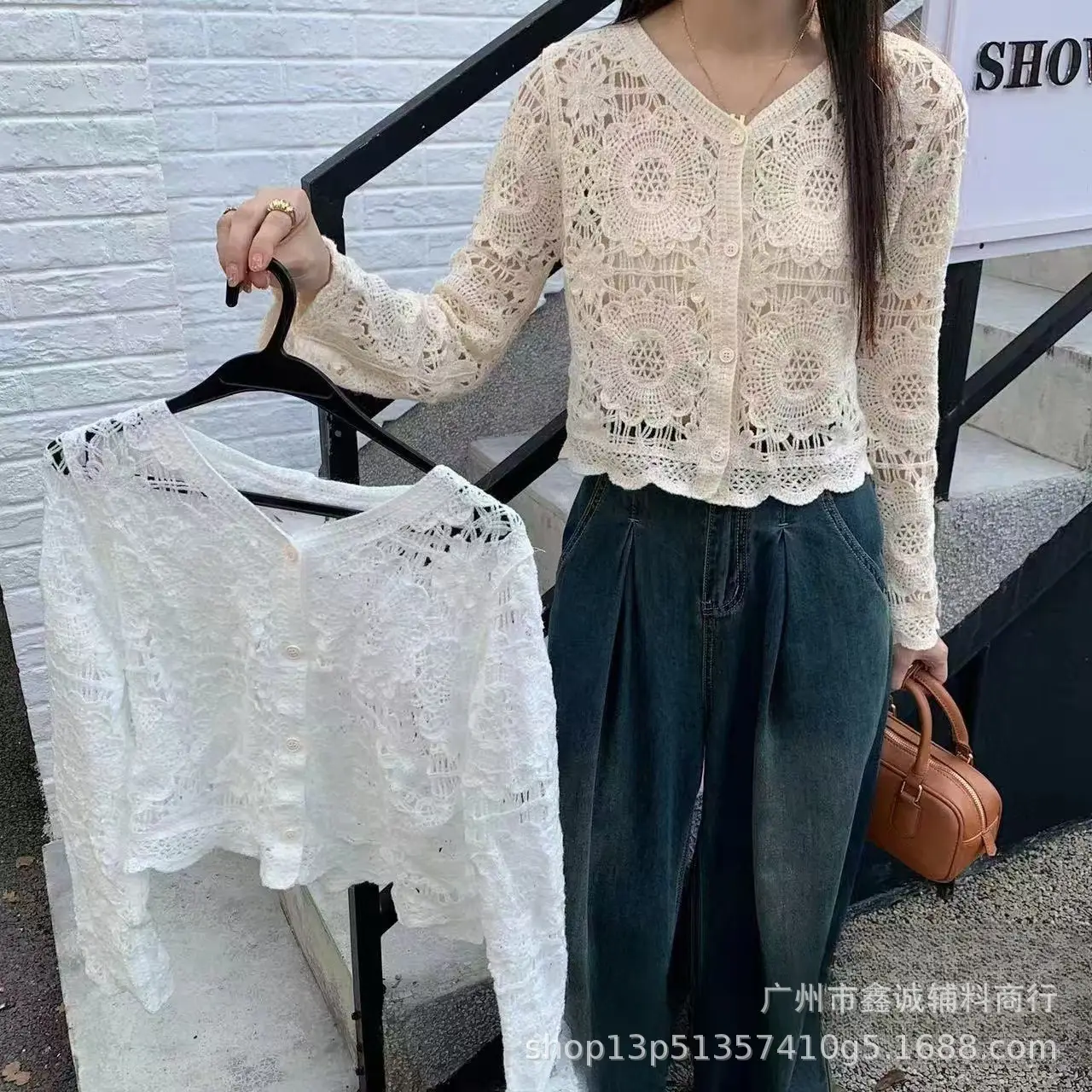 Women's White Lace Knitted V-Neck Long Sleeve Top - Image 25