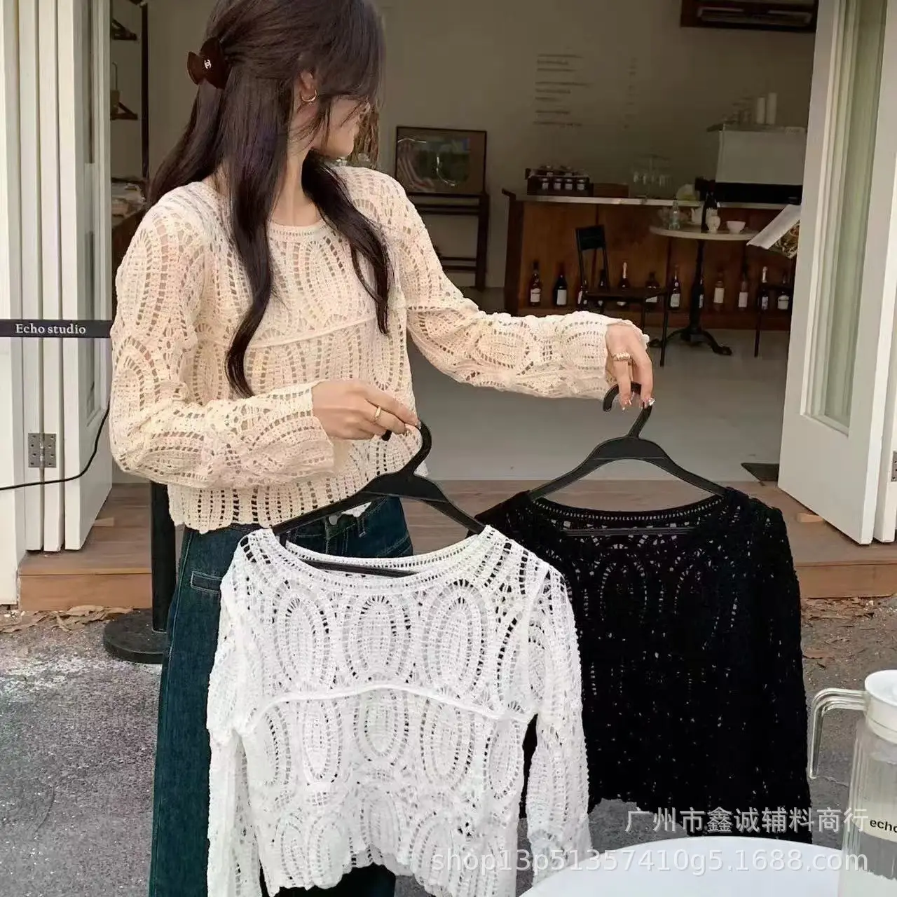 Women's White Lace Knitted V-Neck Long Sleeve Top - Image 28