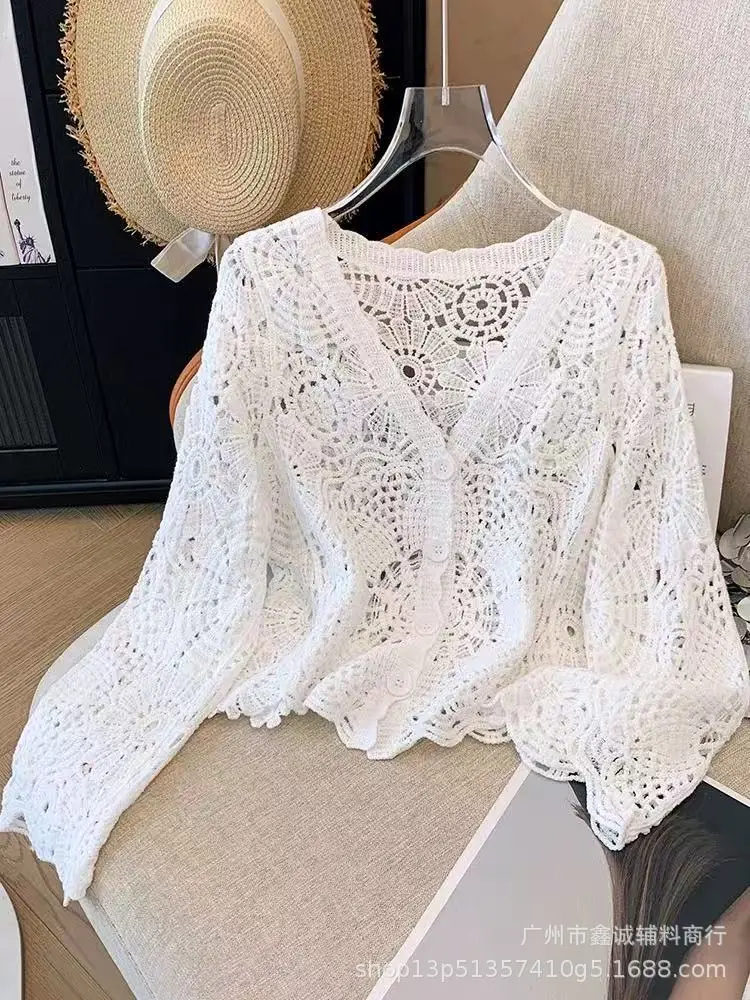 Women's White Lace Knitted V-Neck Long Sleeve Top - Image 31