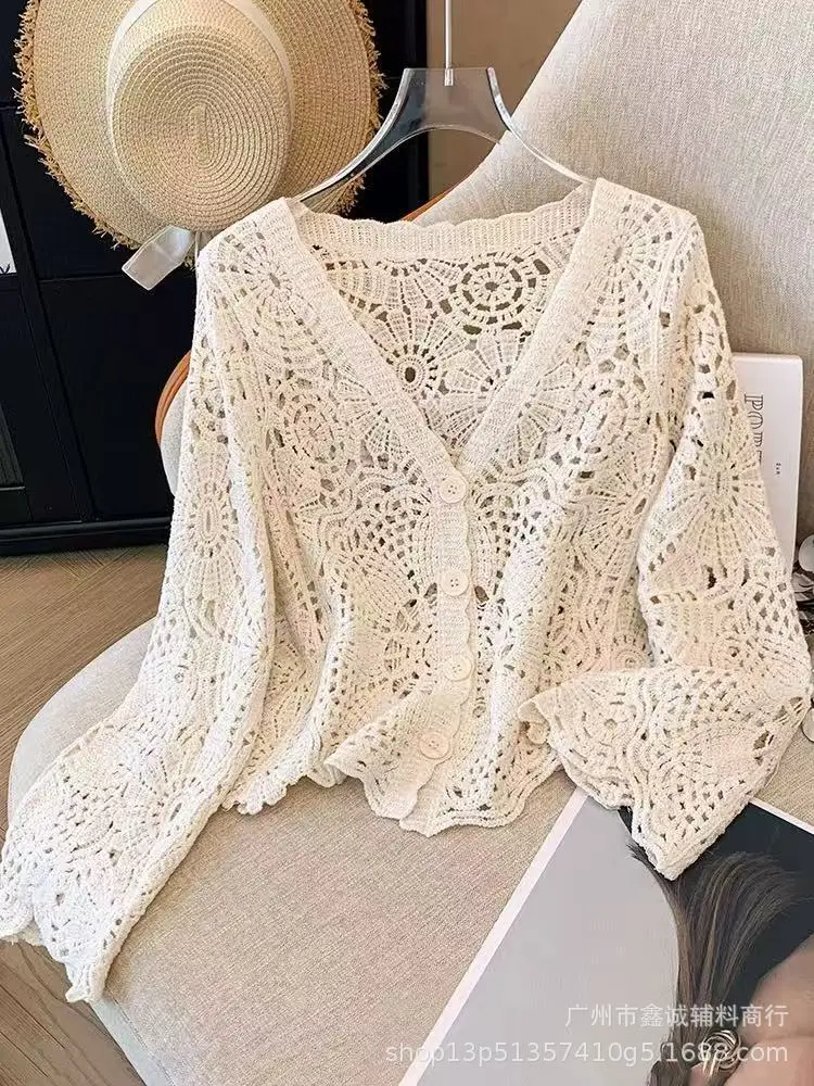 Women's White Lace Knitted V-Neck Long Sleeve Top - Image 32