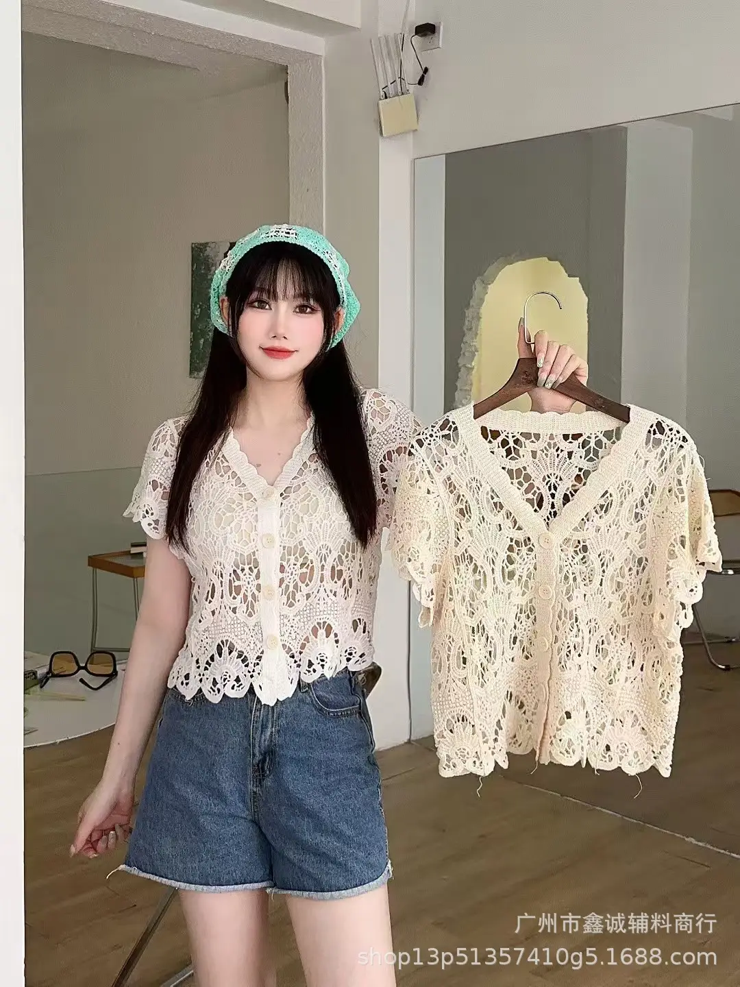 Women's White Lace Knitted V-Neck Long Sleeve Top - Image 34