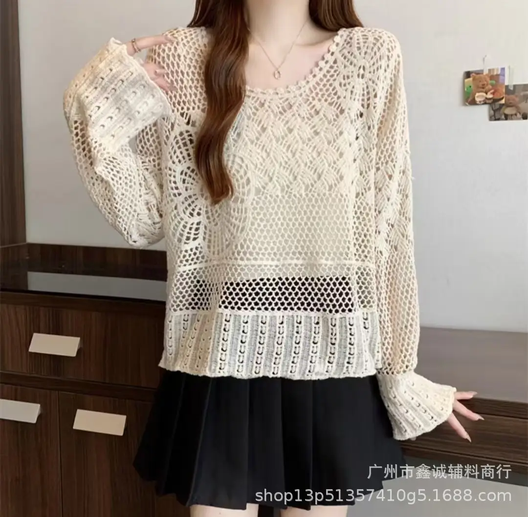 Women's White Lace Knitted V-Neck Long Sleeve Top - Image 38