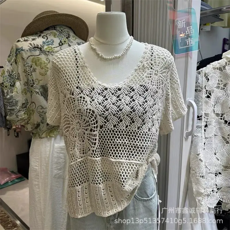 Women's White Lace Knitted V-Neck Long Sleeve Top - Image 40