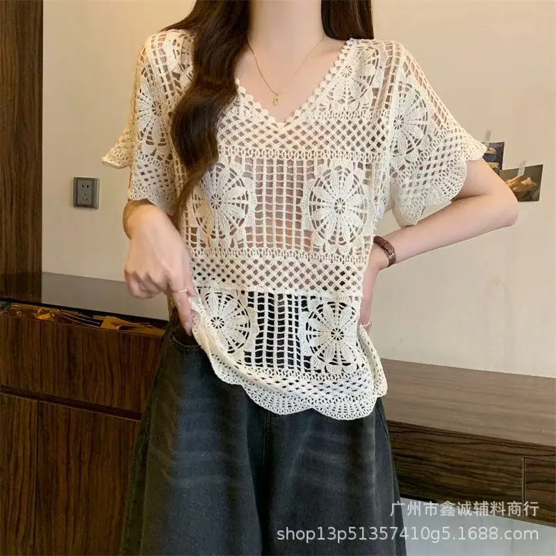 Women's White Lace Knitted V-Neck Long Sleeve Top - Image 42