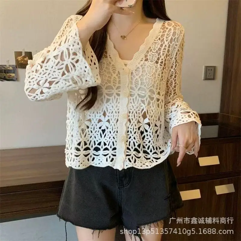 Women's White Lace Knitted V-Neck Long Sleeve Top - Image 43