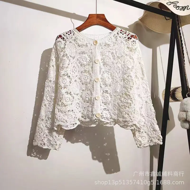 Women's White Lace Knitted V-Neck Long Sleeve Top - Image 44