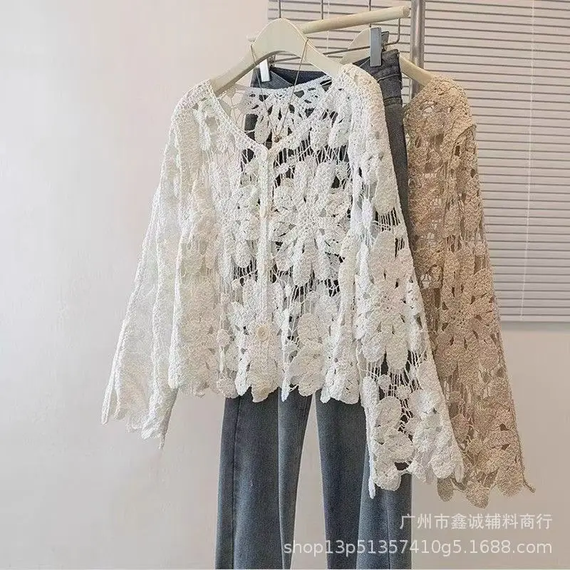 Women's White Lace Knitted V-Neck Long Sleeve Top - Image 46