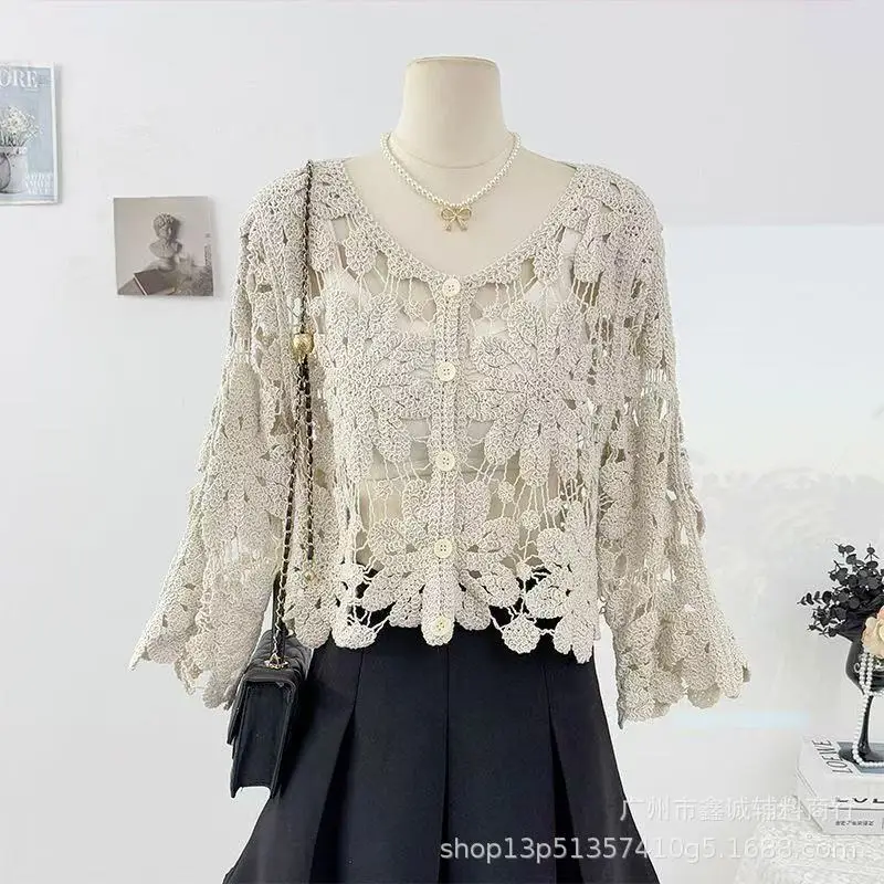 Women's White Lace Knitted V-Neck Long Sleeve Top - Image 47
