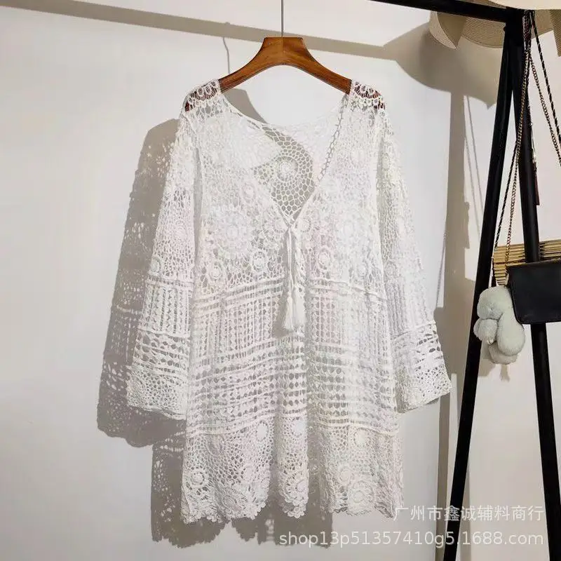 Women's White Lace Knitted V-Neck Long Sleeve Top - Image 48