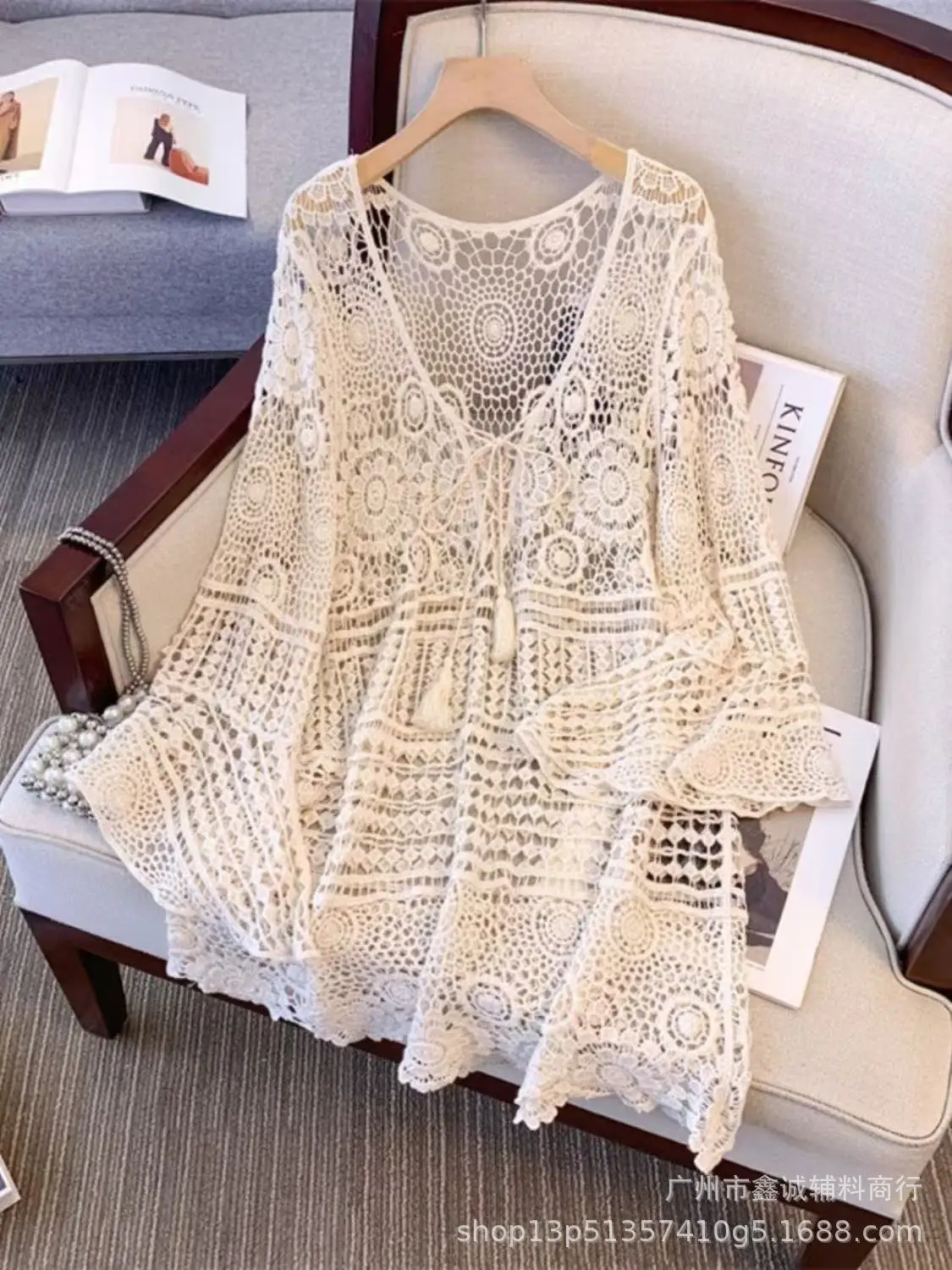 Women's White Lace Knitted V-Neck Long Sleeve Top - Image 49