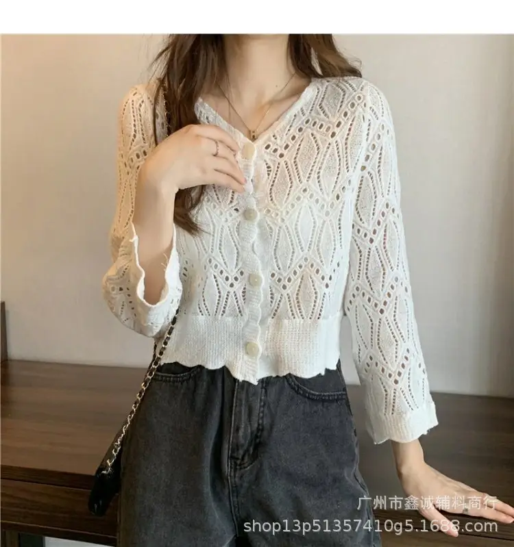 Women's White Lace Knitted V-Neck Long Sleeve Top - Image 5