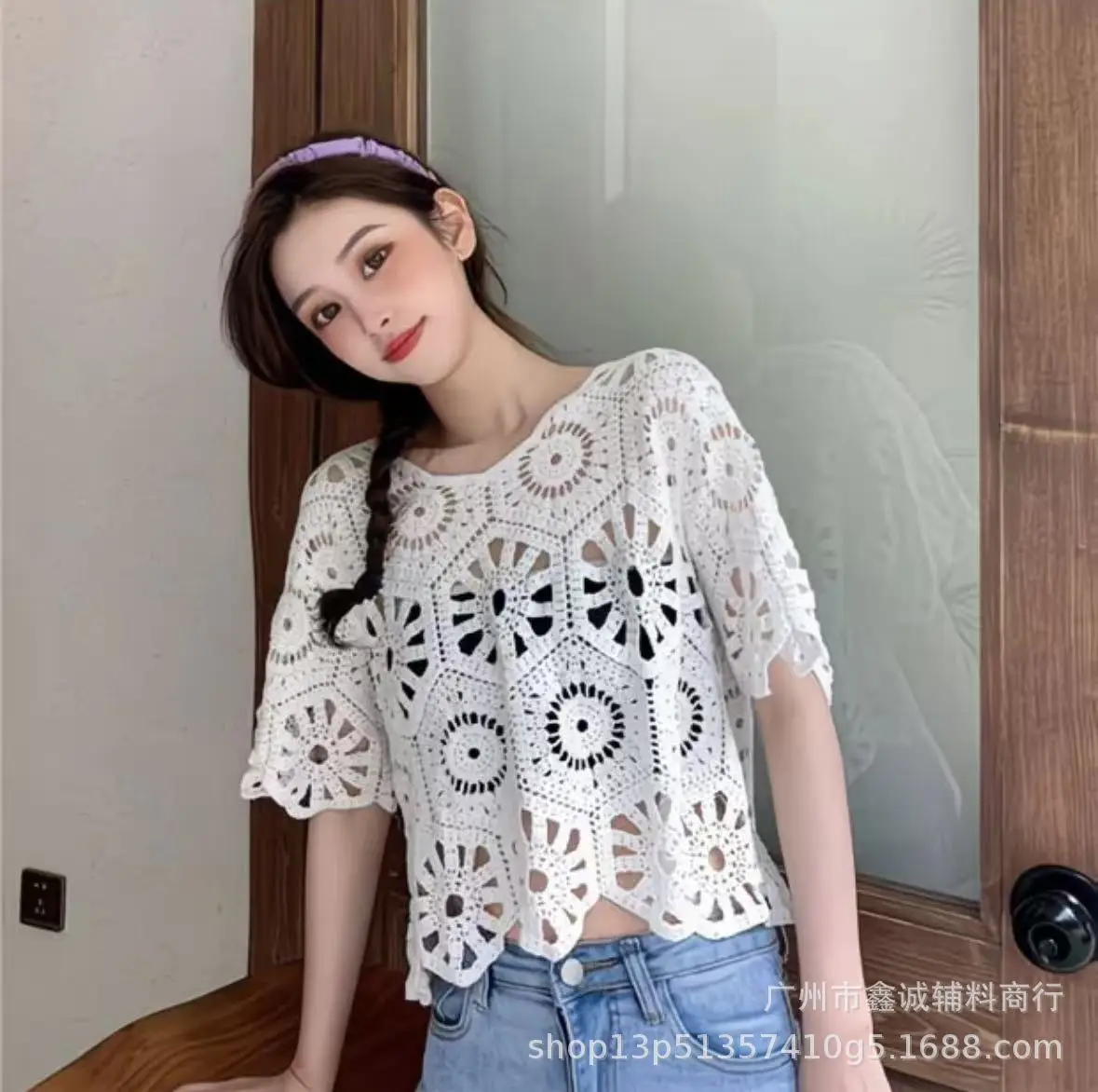 Women's White Lace Knitted V-Neck Long Sleeve Top - Image 50
