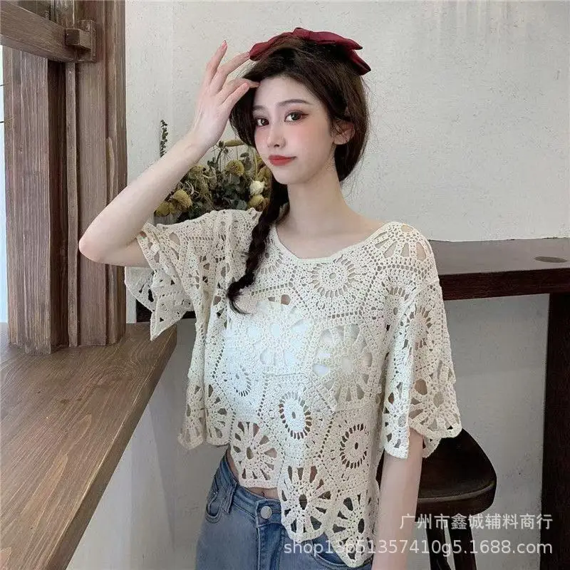 Women's White Lace Knitted V-Neck Long Sleeve Top - Image 51