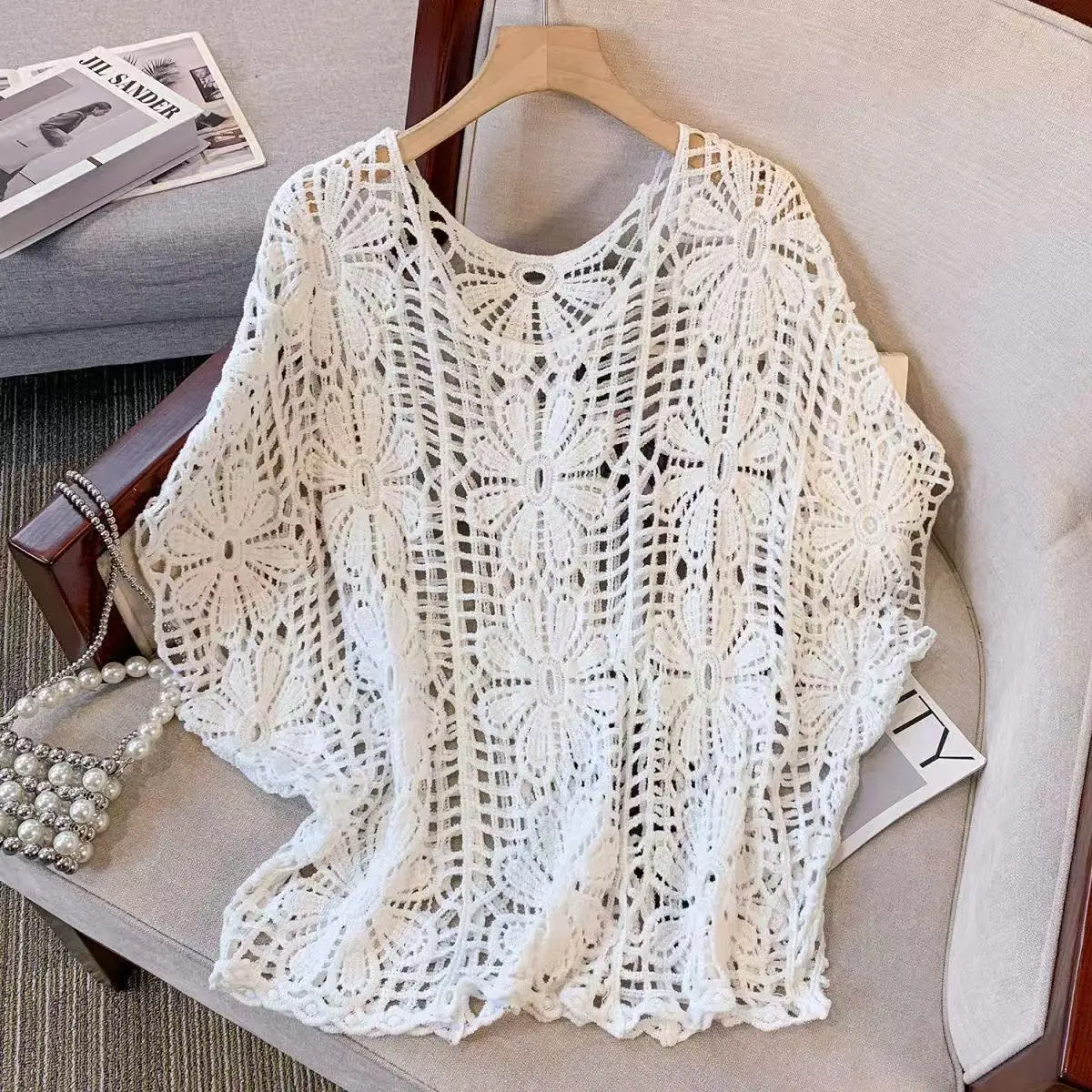 Women's White Lace Knitted V-Neck Long Sleeve Top - Image 52