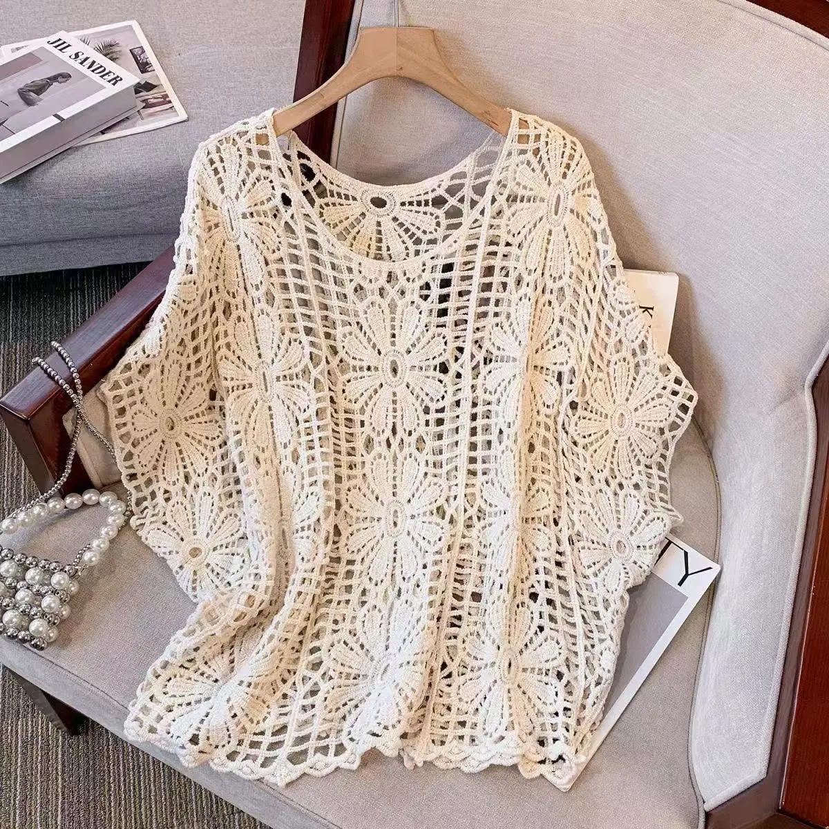 Women's White Lace Knitted V-Neck Long Sleeve Top - Image 53