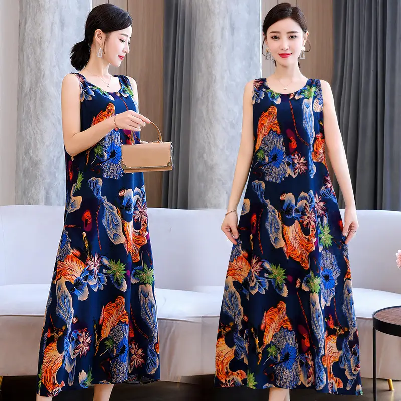 Women Cotton Silk Long Dress Yellow Green Large - Image 25