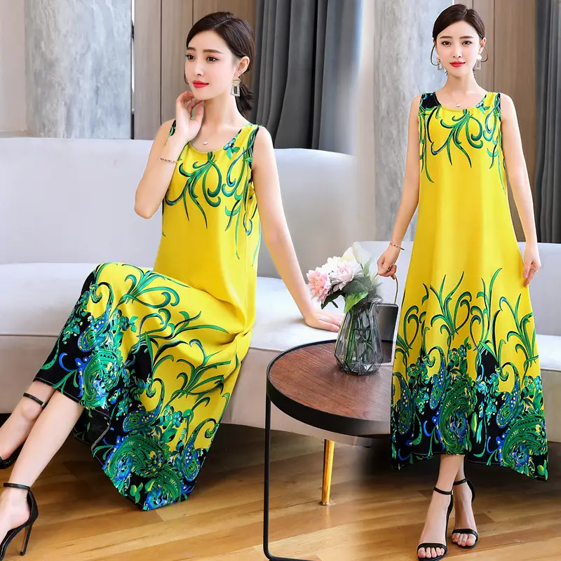 Women Cotton Silk Long Dress Yellow Green Large - Image 26