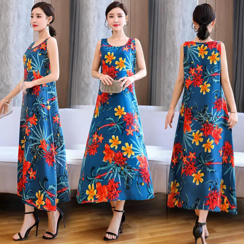 Women Cotton Silk Long Dress Yellow Green Large - Image 27